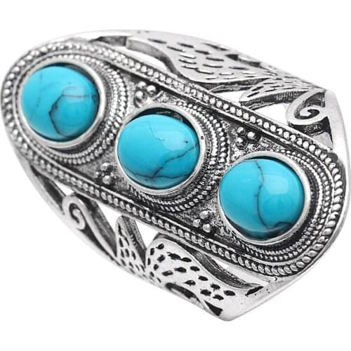 Vintage Turquoises Big Rings for Women Bague Femme Boho Ethnic Retro Silver Color Long Ring Mens Fashion Jewelry Accessories