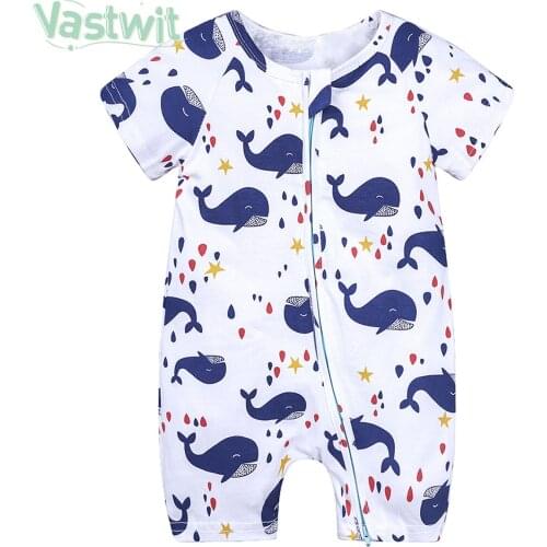 Newborn Cartoon Baby Round Neck Short Sleeve Zipper Rompers Summer Boys Girls Pajamas Pure Cotton Soft Jumpsuit Costume Bodysuit