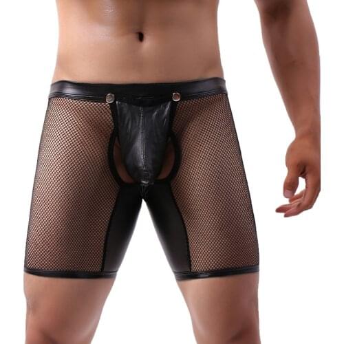 Men Leggings Shorts Lingerie Mesh Transparent PU Leather Button Open Crotch Boxer Shorts Open Butt Wetlook Gay Fetish Clubwear