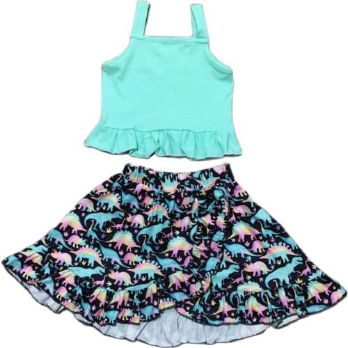 Summer Baby Girls Aqua Top with Dinosaur Print Skirt Kids Boutique Clothes