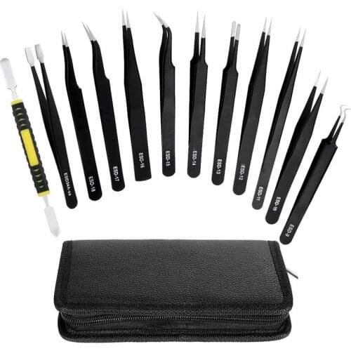 Best 12 Pieces Tweezers Set, Anti-Static Tweezers Kit with 11 Precision Non-netic Stainless Steel Tweezers,Crowbar
