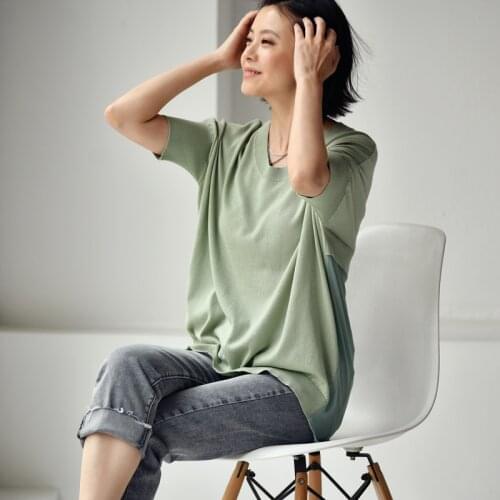 MICOCO Z7782C Simple and elegant temperament chiffon before joining together short after long U neck short sleeve knit