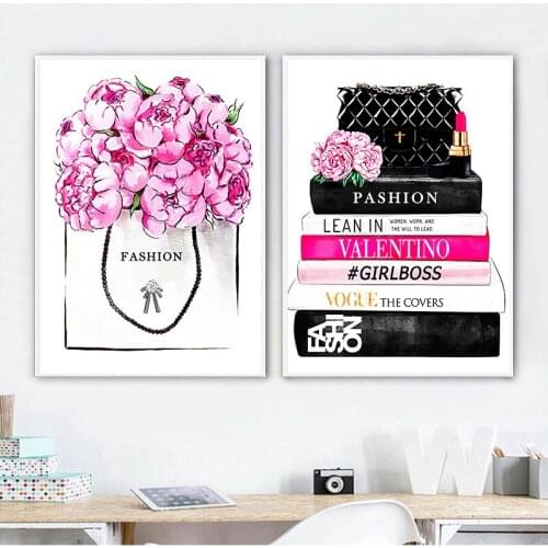 Fashion magazine wall art diamond painting high heels and lipstick fashion pictures cross stitch embroidery mosaic pink flowers