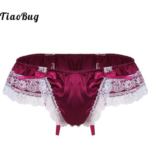 TiaoBug Mens Sissy Shiny Soft Satin Lingerie Double Layers Floral Lace Back With Big Bowknot Low Rise Bikini Thong Underwear