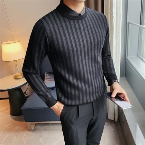 Plus Size 4XL-M Autumn Winter New Fake-2Pieces Striped Sweater Men Clothing Simple Slim Fit Business Pullovers Casual Pull Homme