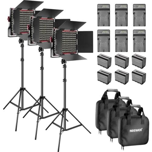 Neewer 3-Pack Dimmable Bi-color 660 LED Video Light with Light Stand, Li-ion Battery Kit for Photo Studio YouTube Video Shooting