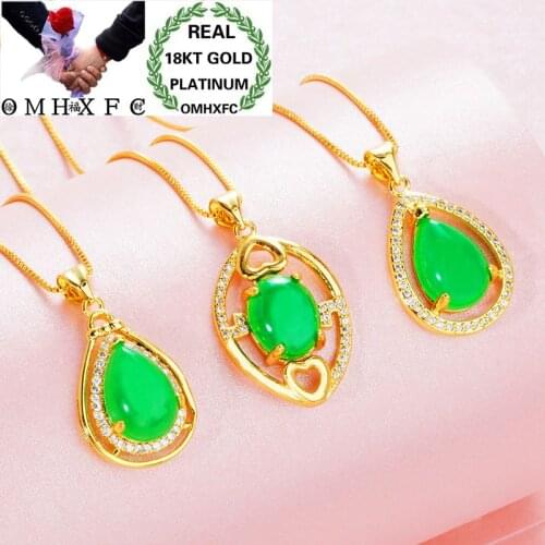 OMHXFC Wholesale European Fashion Woman Party Birthday Wedding Gift Green Water Drop Zircon 18KT Real Gold Charm Pendant PN106