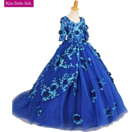 2019 Free shipping High quality Blue Girls weeding party dress Pageant dresses for girls