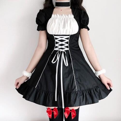 Lolita Low Cut Maid Dress Black White Cat Maid Uniform Cosplay Cartoon Gothic Maid Short Dresses Cosplay Kawaii Sexy Lolitas Op