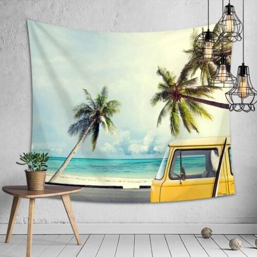 Boho Beach Wall Tapestry Palm Tree Sea Ocean Landscape Bus Hippie Tapestry Room Decor Travel Wall Carpet Blanket Home Decoration