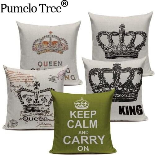 Retro Home Decorative Cotton Linen Blended Cushion Cover Crown Black White Green Throw Pillow Case King Queen Letter Pillowcase