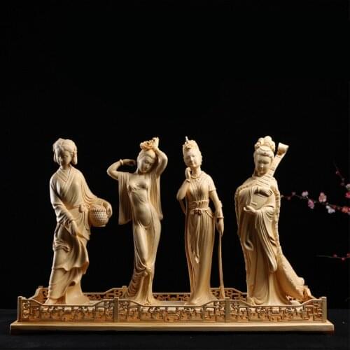Wood Carving Classical Four Beauties Exquisite Solid Wood Decorative Carving Room Decorative Chinese Ancient Craft Figures