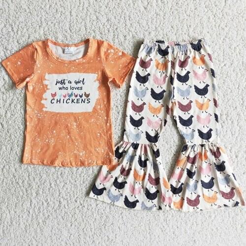 RTS Wholesale Toddler Baby Girls Clothing Sets Short Sleeve Bell Bottom Outfits Kids Boutique Clothes Sets Wholesale Kids Sets
