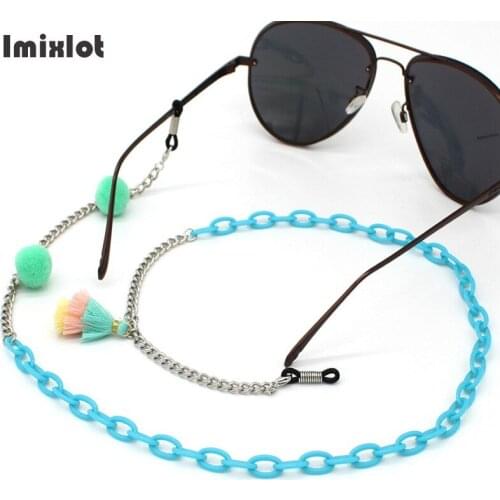 Blue Acrylic Chain for Glasses Pompom Ball Tassel Face Mask Necklace Sunglasses Straps Mask Lanyards Women Neck Chains Holder