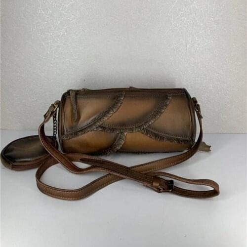 Women Vintage Barrel Shaped Shoulder Bag Tassels Genuine Leather Crossbody Bags Retro Ladies Casual Packing Pouch Bags