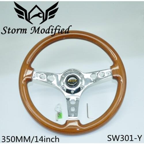 Universal Pure Wooden Steering Wheel Classic 350MM 14inch Car Brown Mahogany Wood 3 Electroplated Steel Spoke SW301-Y