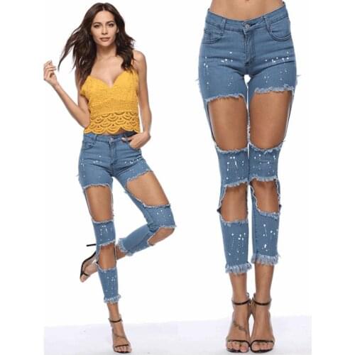 Spring Summer Blue Bleach Wash Distressed Rock Denim Jeans Women Casual Mid Waist Button Fly Ripped Pants 2018 Skinny Jeans