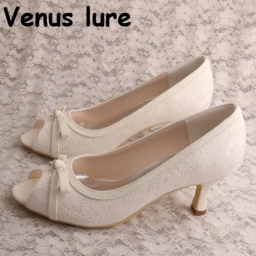 Ivory Lace Peep Toe Heels for Women Brides Wedding Shoes Mid Heel Bow Pumps