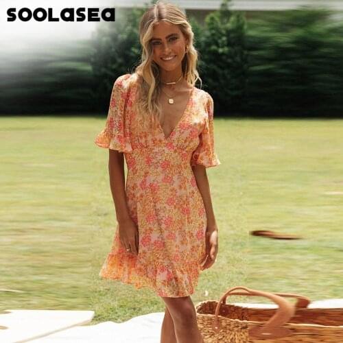 Soolasea 2021 New Boho Elegant Ruffle Print Women Summer Mini Dress Party Vacation Beach Casual Floral Ladies Sundress Vestidos