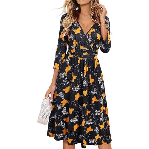 Womens Dress Fashion TieDye Leopard Print Color Three-quarter Sleeve V-Neck Pocket Dress Party Dress Vestido De Mujer Plus Size