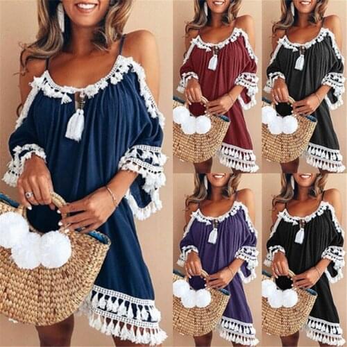 2020 Beach Dress Women Off Shoulder Dress Tassel Short Cocktail Party Beach Dresses Sundress Sexy Vestidos Playa Robe De Plage