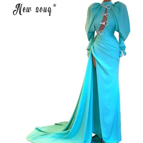 African Puff Sleeve Celebrity Dresses 2021 Sky Blue Evening Gowns for Party Women High Split Side Prom Dress High Neck De Soiree