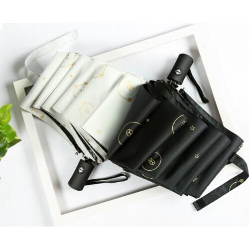 Creative Black Plastic Umbrella For Women Gilded Brown Three Fold Full Automatic Umbrella Windproof Portable Folding Parasol