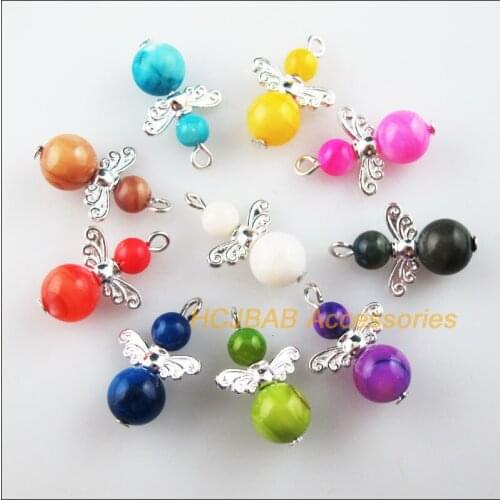 20Pcs Silver Plated Wings Mixed Natural Shell Beads Angel Charms Pendants 14x21mm