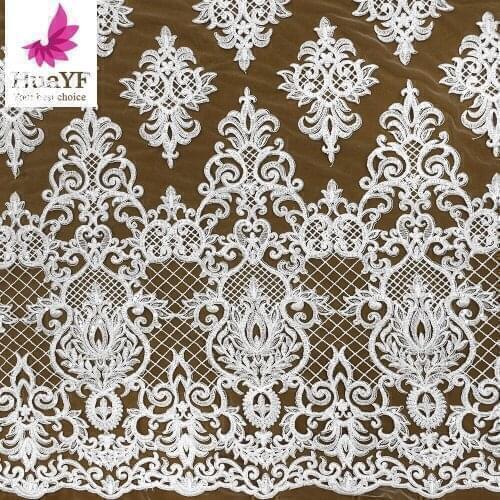 2021 Pure White Bridal Lace Net Embroidery Fabrics With Sequins For Wedding Dress HY1399