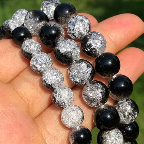 Black White Snow Cracked Crystal Glass Beads Round Loose Spacer Quartz Beads For Jewelry Making DIY Bracelets Necklace 15"Inches