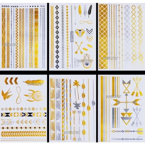 Chains Body Arm Art Tattoo Stickers Gold Metallic Bracelet Girl Water Transfer Tattoo Leaf Women Leg Flash Fake Jewelry Tatoos