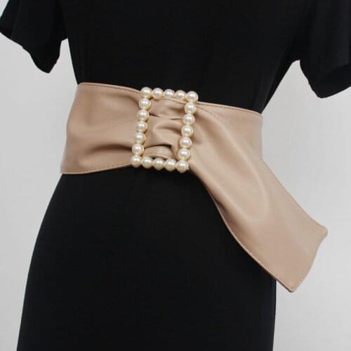 Women New Design Four Seasons Waist Cover Artificial Leather Fashion Belt Decorative Pearl Inlaid Square Button Wide Sweater