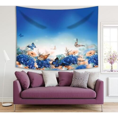 Tapestry Hydrangeas Daisies and Butterflies Sunrise Magical Flower Garden Photo Printed Blue Beige