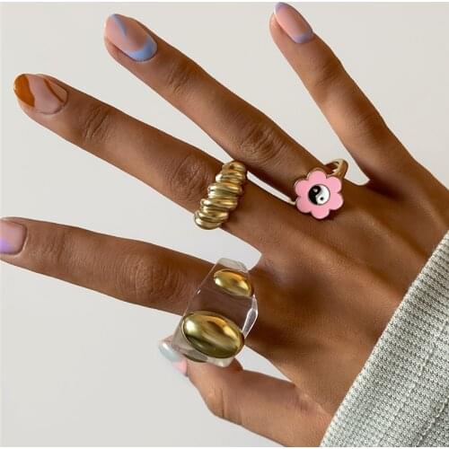 HANGZHI 2021 New Punk Metal Oval Transparent Flower Resin Acrylic Geometric Ring Sets for Women Girls Party Jewelry Gifts
