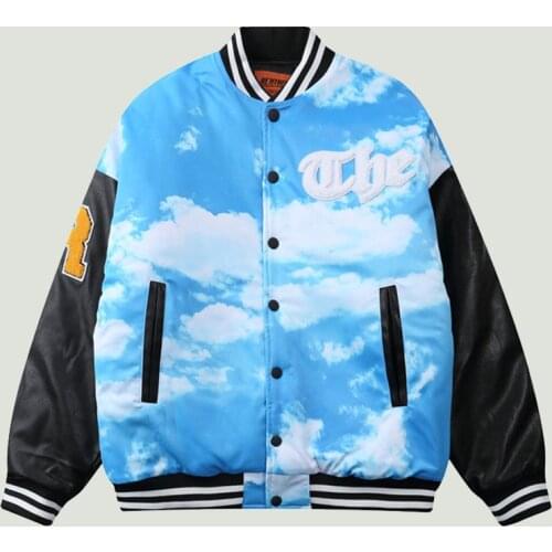 Hip Hop Cloud Full Printed Leather Patchwork Bomber Baseball Parkas Jacket Mens Streetwear Harajuku Casual Loose Hipster Coats