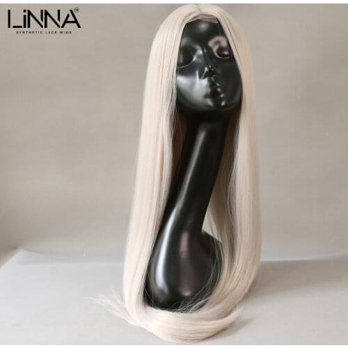 LINNA Long Straight Synthetic Lace Wig For Women Gray Blonde Color Cosplay Wig High Temperature Fiber Wigs Middle Part Lace