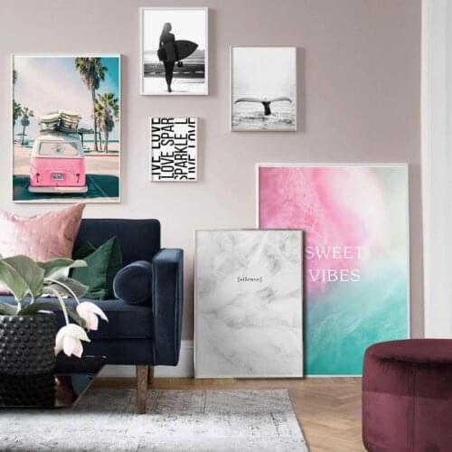 Nordic Poster Wall Art Girl Surfboard Pink Sea Beach Cotton Feather Canvas Painting Decorative Picture for Living Room Bedside