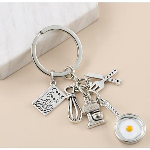 New Cooking Keychain Dinner Key Ring Cook Book Knife And Fork Beater Blender Frying Pan Key Chain Chef Gift DIY Handmade Jewelry