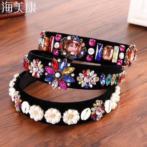 Haimeikang Crystal Flower Hairbands Colorful Rhinestones Baroque Hair Accessory Pearl Petals Daisy Shell Vintage Ornate Hairwear
