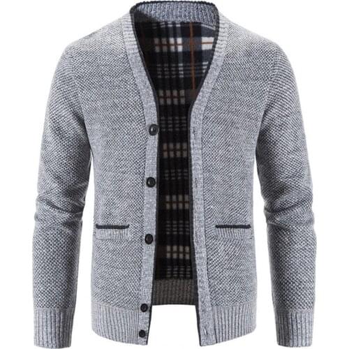 2021 Autumn Winter Jacket Men Knitted Coat Solid Color V Neck Autumn Winter Thicken Plush Warm Cardigan Sweater Zipper Jacket