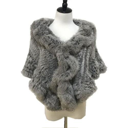 Autumn Winter Womens Real Knitted Rabbit Fur Poncho Ruffle Collar Lady Pashmina Cloak Shawls Female Wrap VF7014