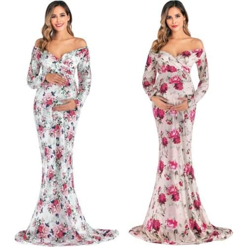 4# Elegant Women Pregnants Dresses Maternity Photography Props Off Shoulder Sexy Long Sleeve Print Maternity Dress 2021 New