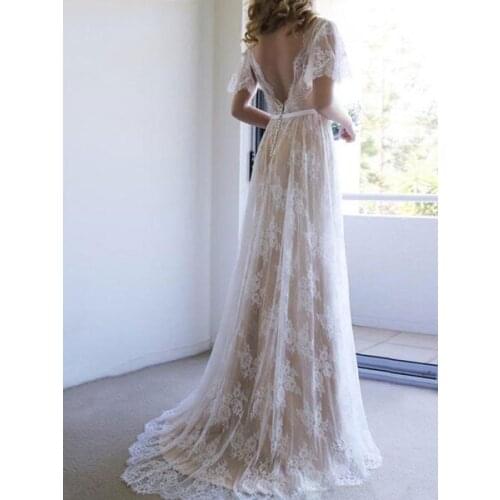 Simple wedding dress 2020 v neck a line short sleeve deep v backless lace bridal gowns