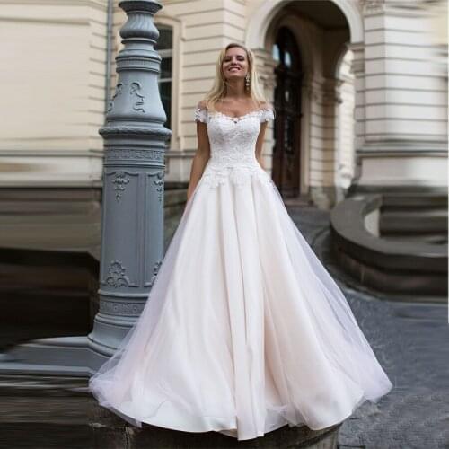 V-neck Applique Lace A-line Wedding Dress Cap Sleeves Lace Up Tulle Bridal Gowns Eleagant Dresses For Bride vestido de noiva