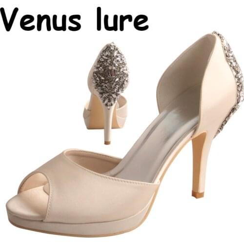 Crystal Platform Bridal Shoes Open Toe Peach Heels for Women High Heels Satin