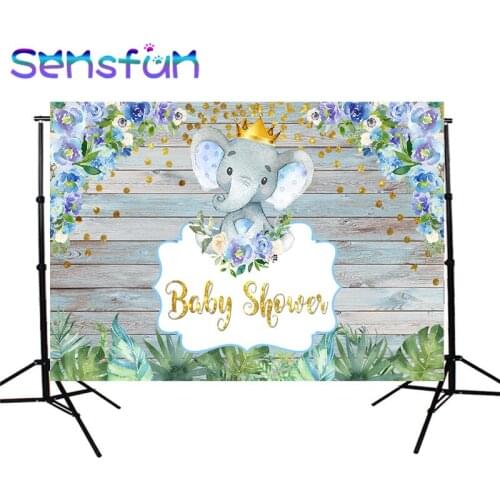 Sxy408 Cute Elephant Backdrop For girl/boy Baby Shower blue Floral Cake Table Decor Background Scene Setter Wall Decor Photocall