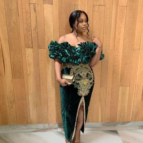 Hunter Green Velour Plus Size Prom Dresses 2021 Off Shoulder Ruffles Appliques Party Gown Beads Mermaid Evening Dress With Slit