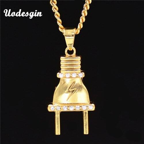 Uodesign NEW Arrival Gold Color men hip hop full iced out plug pendant necklace with 75cm long link chain bling Jewelry Gift