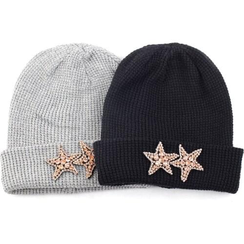 Adult Cashmere Beanie Hat For Men Women Warm Skullies Beanies Pullover Cuff Cap With 2 Diamonds Stars Rhinestone Accessories