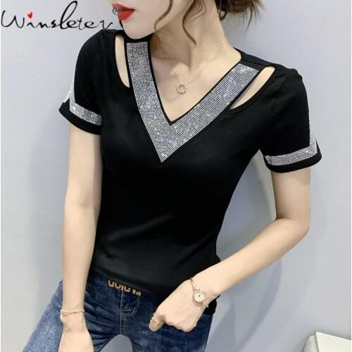 Summer European Clothes Solid Cotton T-Shirt Sexy Hollow Out Shiny Diamonds Women Tops Short Sleeve Tees Hot Black 2021 T14033A